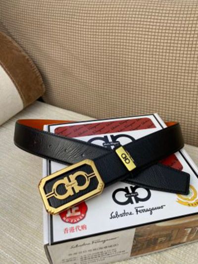 1:1 Ferragamo Black Leather Belt  with Gold  Logo buckle Octagon Buckle 3.8cm